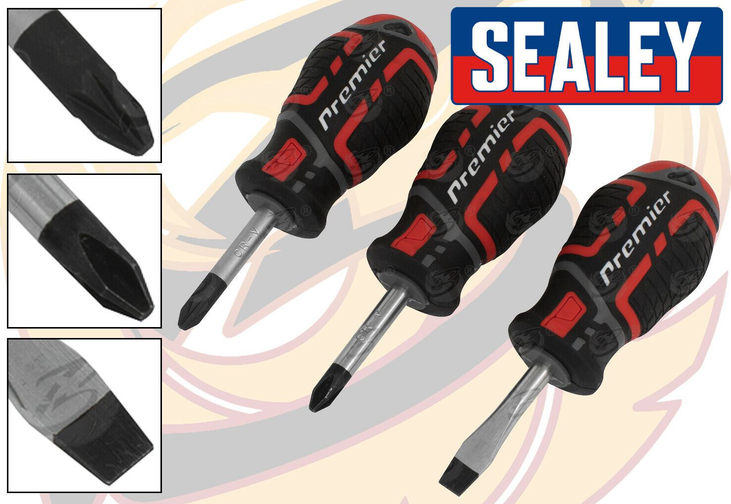 SEALEY 3PCS STUBBY MAGNETIC SCREWDRIVERS ( SLOTTED - PHILLIPS - POZIDRIVE )