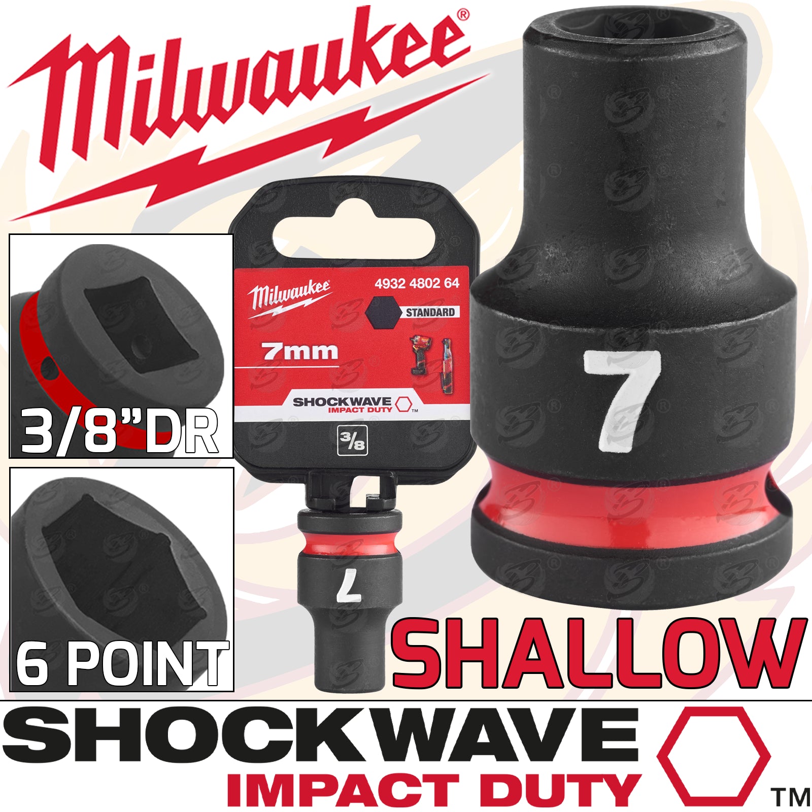 MILWAUKEE 7MM 3/8" DRIVE 6 POINT SHALLOW IMPACT SOCKET ( SINGLE )