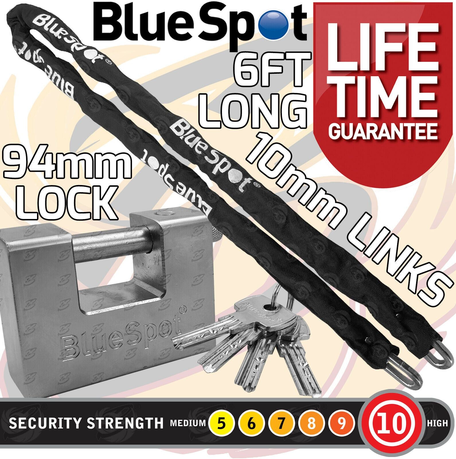 BLUESPOT 6FT LONG 10MM LINKS SECURITY CHAIN WITH 94MM HIGH SECURITY PADLOCK