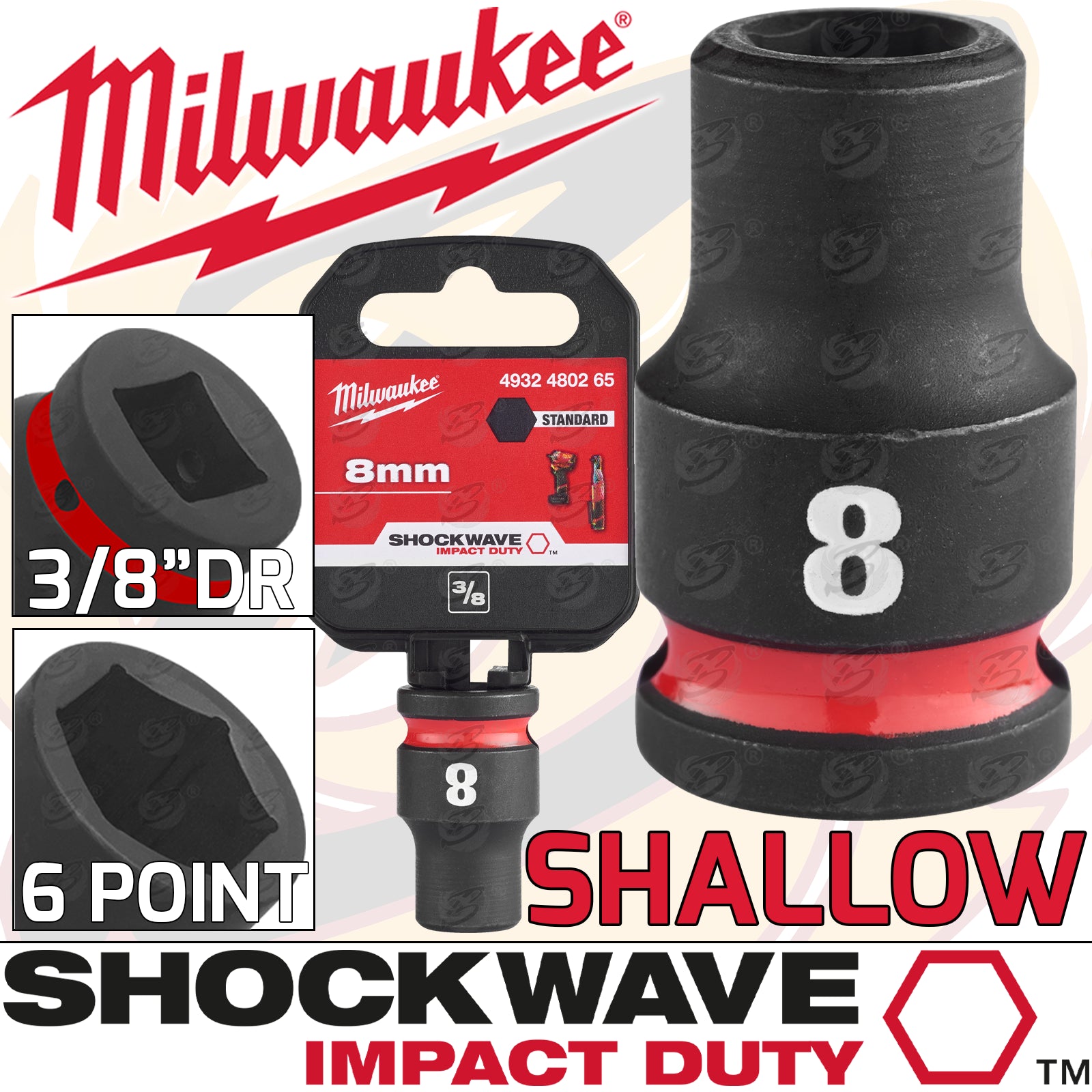 MILWAUKEE 8MM 3/8" DRIVE 6 POINT SHALLOW IMPACT SOCKET ( SINGLE )