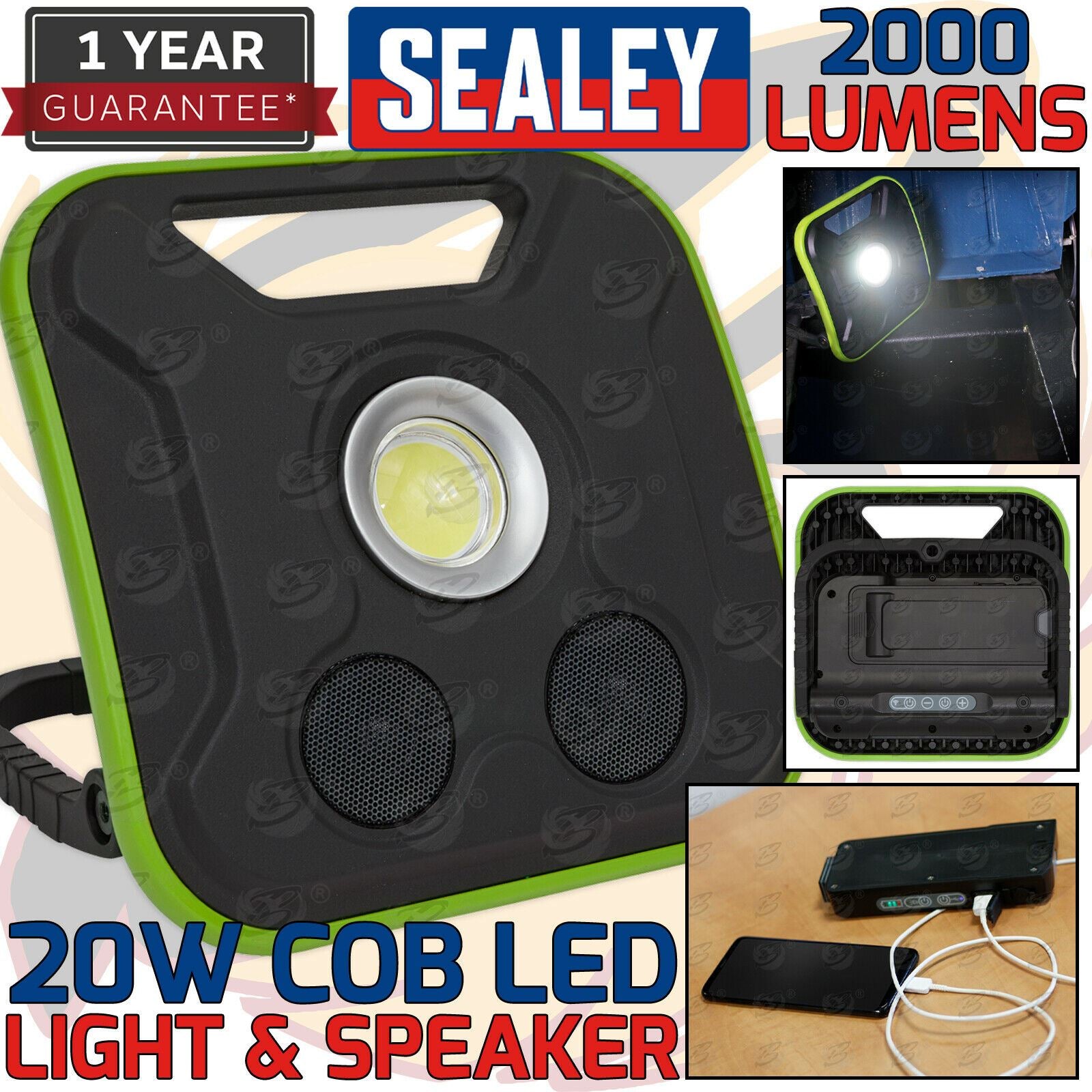 SEALEY RECHARGEABLE COB LED LI - ION WORK LIGHT WITH BLUETOOTH SPEAKER